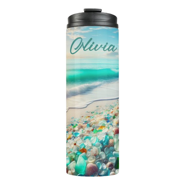 Termo Playa del Océano bonito con vidrio marino personal (Anverso)