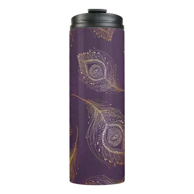 Termo Pluma de pavo real dorada, fondo violeta. (Anverso)