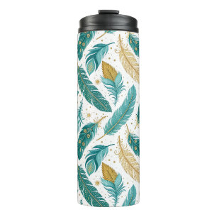 Termo Plumas Boho Azul Teal y Doradas