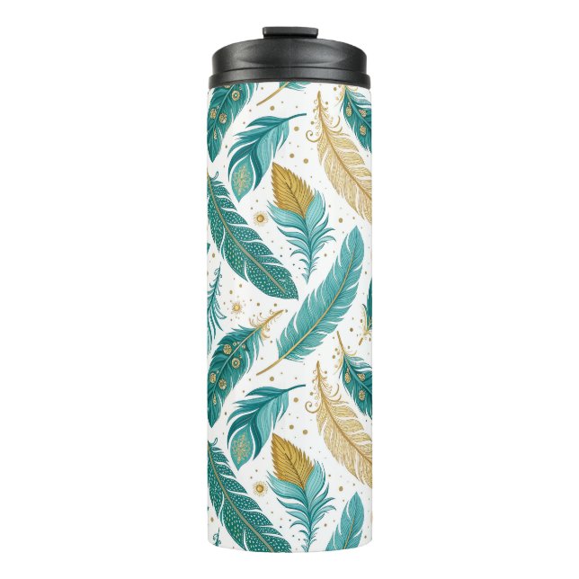Termo Plumas Boho Azul Teal y Doradas (Anverso)