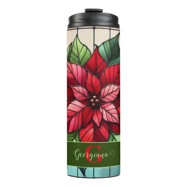Termo Poinsettia de vidrio templado personalizado (Anverso)