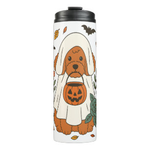 Termo Poodle de Halloween con flores de otoño