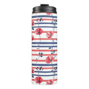 Termo Poppies rojos con hojas azules y patrón rayado 2
