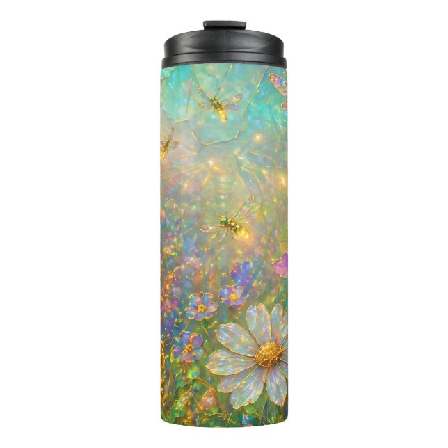 Termo Prado de flores silvestres con libélulas brillante (Anverso)