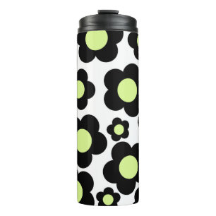Termo Preppy Negro Patrón de Flor Hippie Verde Neón