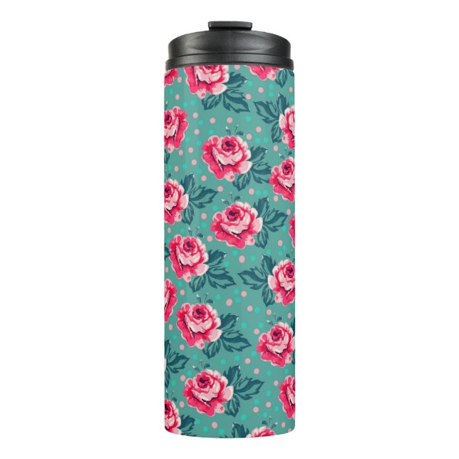 Termo Pretty Pink Roses and Polka Dot Pattern on Teal (Anverso)