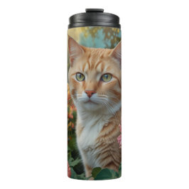 Termo Pretty white orange cat in floral garden