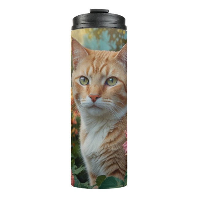 Termo Pretty white orange cat in floral garden (Anverso)