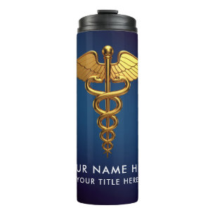 Termo Profesional Caduceo Médico Azul Marino Dorado