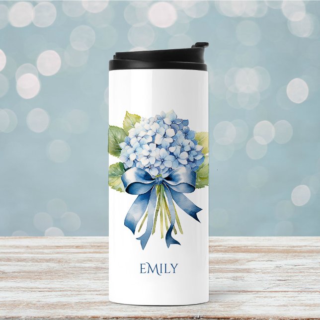 Termo Propuesta de la dama de honor floral azul (Blue Hydrangea Thermal Tumbler)