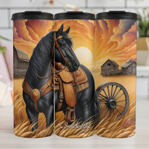 Termo Puesta de sol en trigal con caballo negro