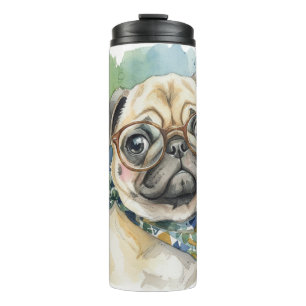 Termo Pug adorable con gafas en acuarela