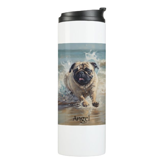 Termo Pug Feliz en la Playa personalizable (Rotado hacia la izquierda)