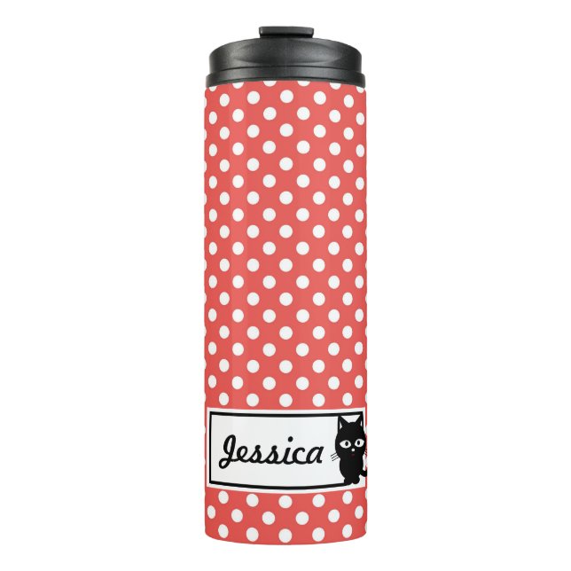 Termo Punto de polka roja y gato negro personalizado (Anverso)