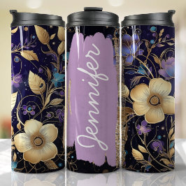 Termo Púrpura Floral Añadir nombre Personalizado regalo