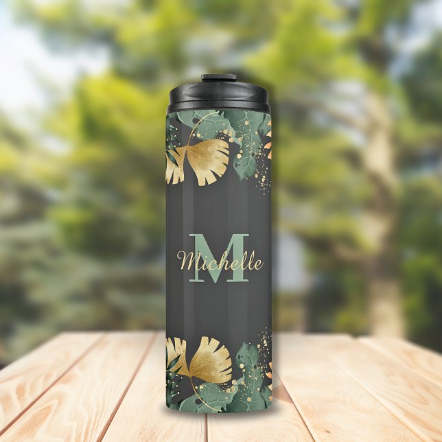 Termo Purpurina de hojas tropicales Tumblador térmico mo (Tropical Leaves Jungle Botanical Gold Glitter Splatter Personalized Initial Monogram & Script Name)