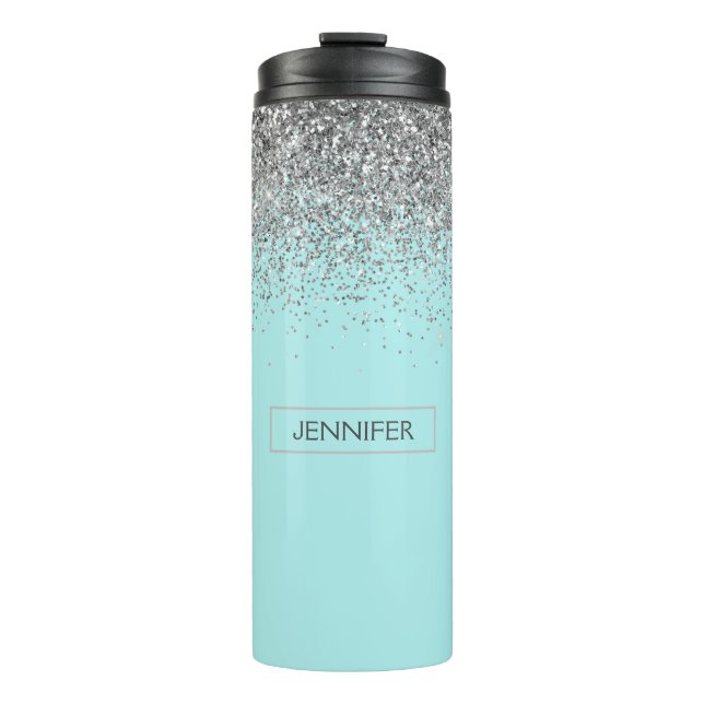 Termo Purpurina de plata azul Aqua verde azulada Monogra (Anverso)