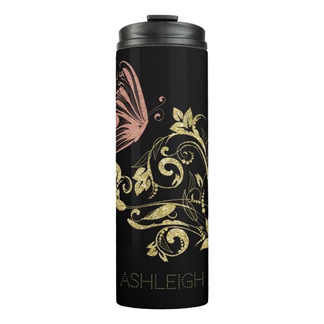 Termo Purpurina Gold Flourish Mariposa personalizada (Anverso)