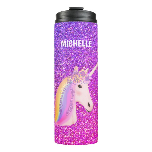 Termo Purpurina rosa morado de Unicorn personalizado (Anverso)