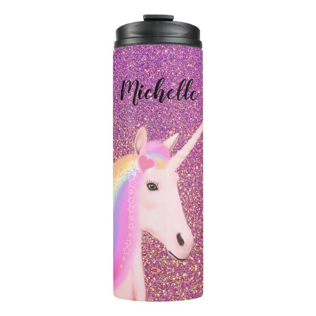 Termo Purpurina rosa unicornio personalizado (Anverso)