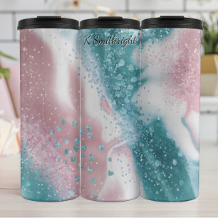 Termo Purpurina Verde azulado rosa Resumen de Swirl