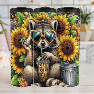 Termo Raccoon Guay con café helado y girasoles
