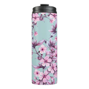 Termo Rama de fondo con flores de cerezo rosa. Sello