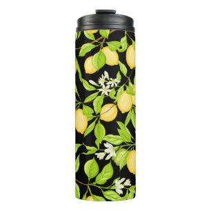 Termo Rama de limón con limones, flores y hojas.
