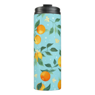 Termo Ramas de naranjas con flores sobre fondo azul