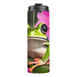 Termo Rana verde rodeada de flores rosas