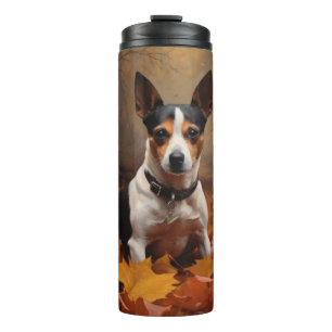 Termo Rat Terrier en otoño inspira caída de hojas