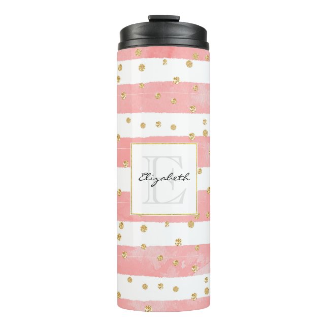 Termo Rayas Rubor rosadas | Monograma Faux Gold Confetti (Anverso)