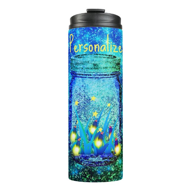 Termo Rayos en tarro mason luce luciérnagas azules (Anverso)