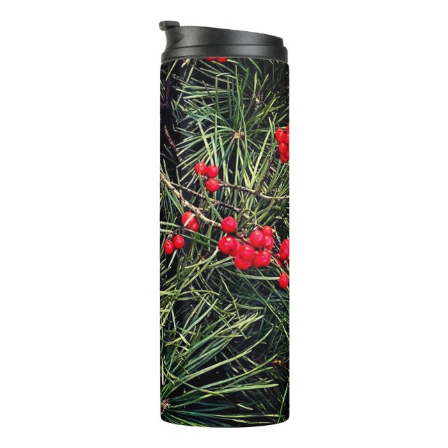 Termo Red Berries Pine Needles Christmas Photo (Rotado hacia la derecha)