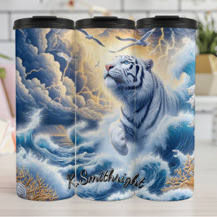 Termo Reflexión del tigre blanco iluminado por luna