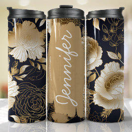 Termo Regalo de Personalizado de nombre de floral negro