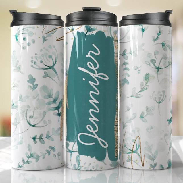 Termo Regalo floral verde esmeralda Personalizado único (Floral Tumbler )