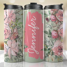 Termo Regalo Personalizado de nombre de floral verde ros