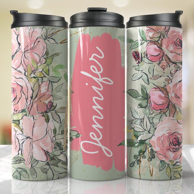 Termo Regalo Personalizado de nombre de floral verde ros (Floral Personalized Tumbler)