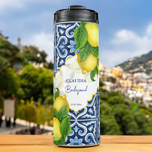 Termo Regalos de dama de honor favorecen el limón azules (Bridesmaid gifts favors blue tiles lemon Amalfi personalized Thermal Tumbler bridal party favors)