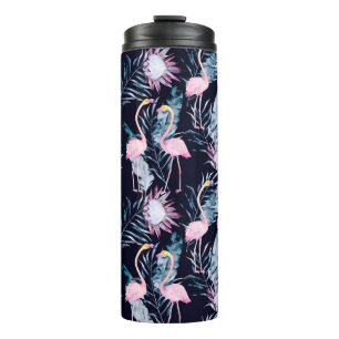 Termo Resumen del patrón tropical con flamingo, protea,