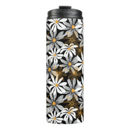 Termo Resumen elegante de floral de margarita negro, bla