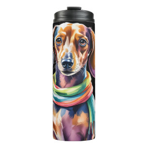 Termo Retrato de Dachshund en luz de neón y marco floral