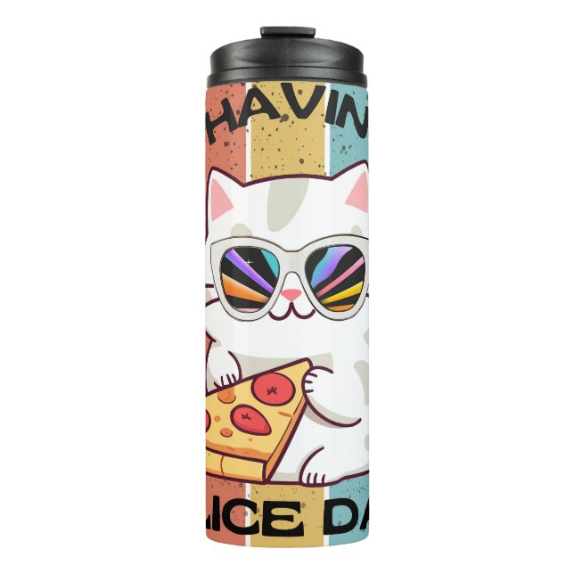 Termo Retro Kawaii lindo gato comiendo pizza (Anverso)