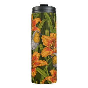 Termo Robins y flores de lirio, naranja y verde oscuro