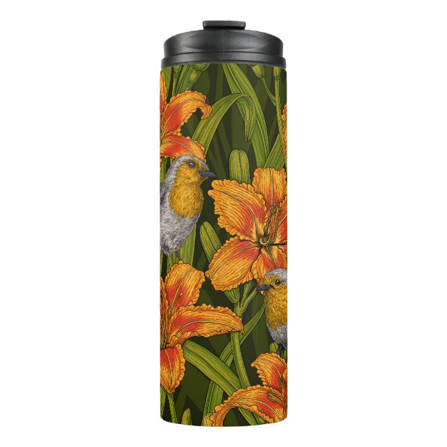 Termo Robins y flores de lirio, naranja y verde oscuro (Anverso)