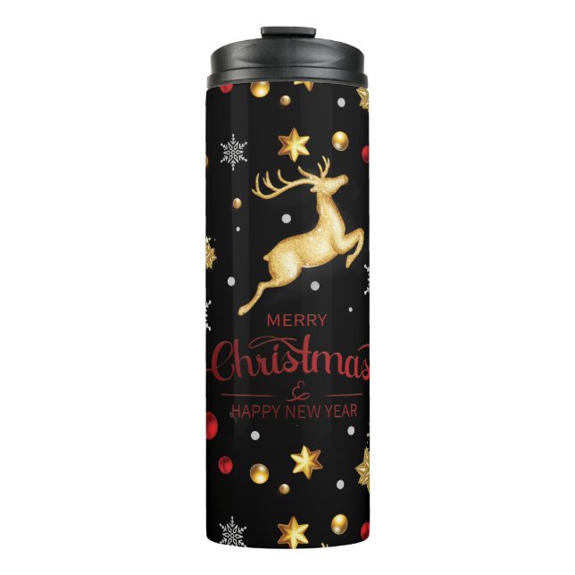 Termo Rojo Reno de Oro Árbol de Navidad Alegre  (Anverso)