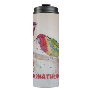 Termo Rojo Rosella Parrot Watercolor Pintado Termal