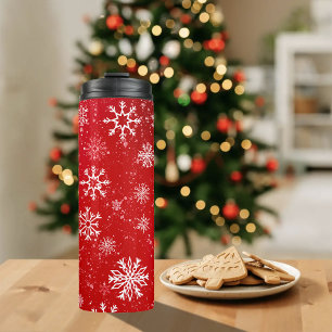 Termo Rojo Rubí Navideño Festivo Blanco Copos de Nieve