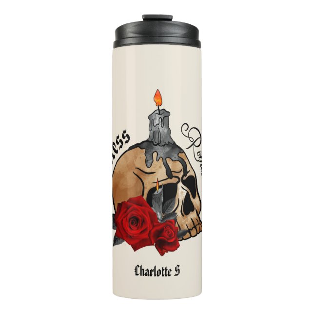 Termo Romántico sin esperanza - Calavera gótica, rosa ro (Anverso)